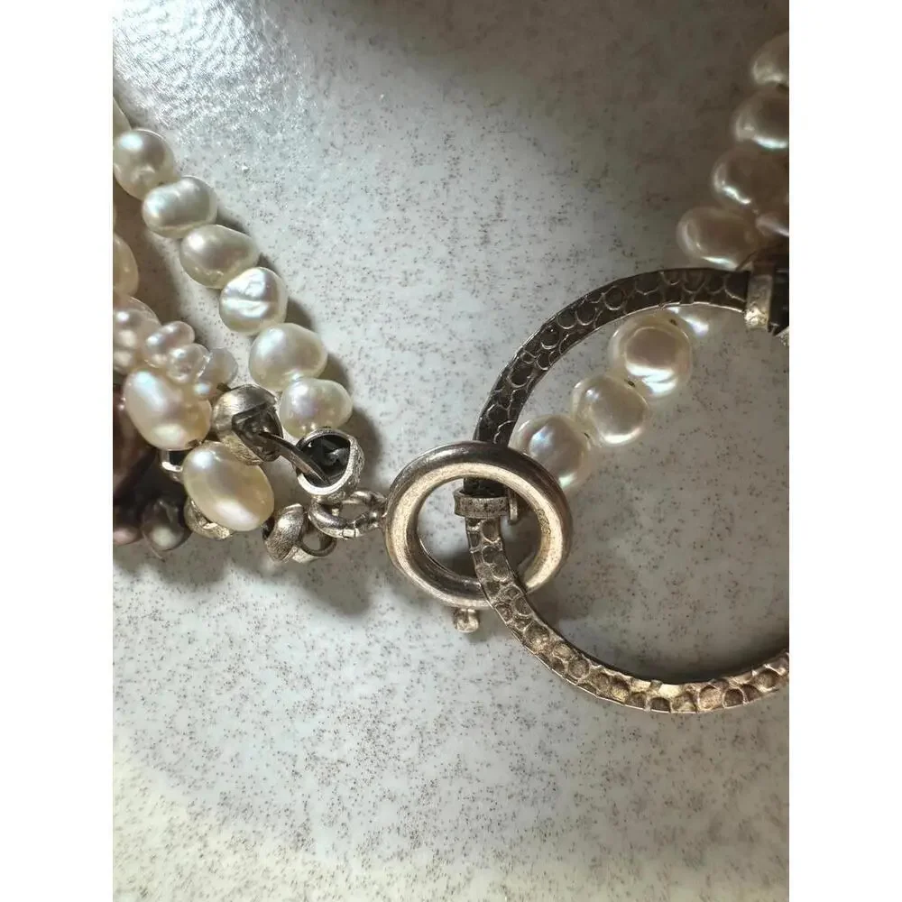 Multi Strand Freshwater Pearl Bracelet Sterling Toggle Brown Ivory